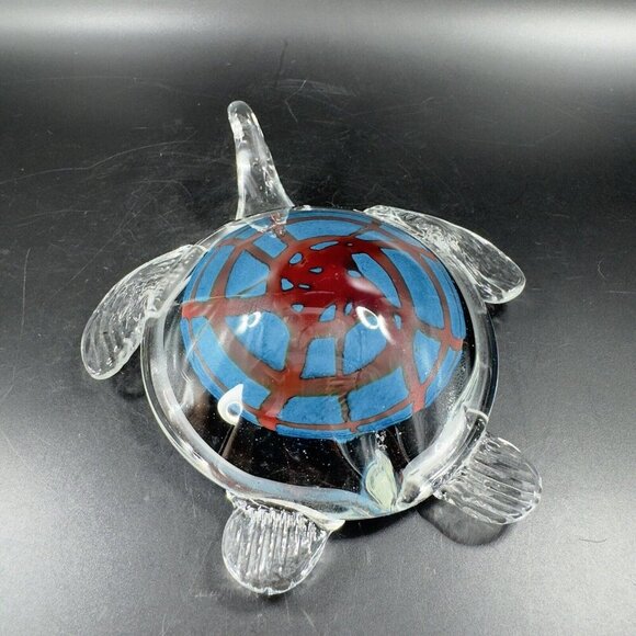 Art Glass Turtle Glass Paperweight Figurine Clear Edges Blue Red Center Glass - Picture 14 of 16